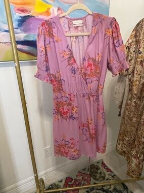 Urban Outfitters Lavender Floral Wrap Mini Dress Medium vacation wedding‎ shower
